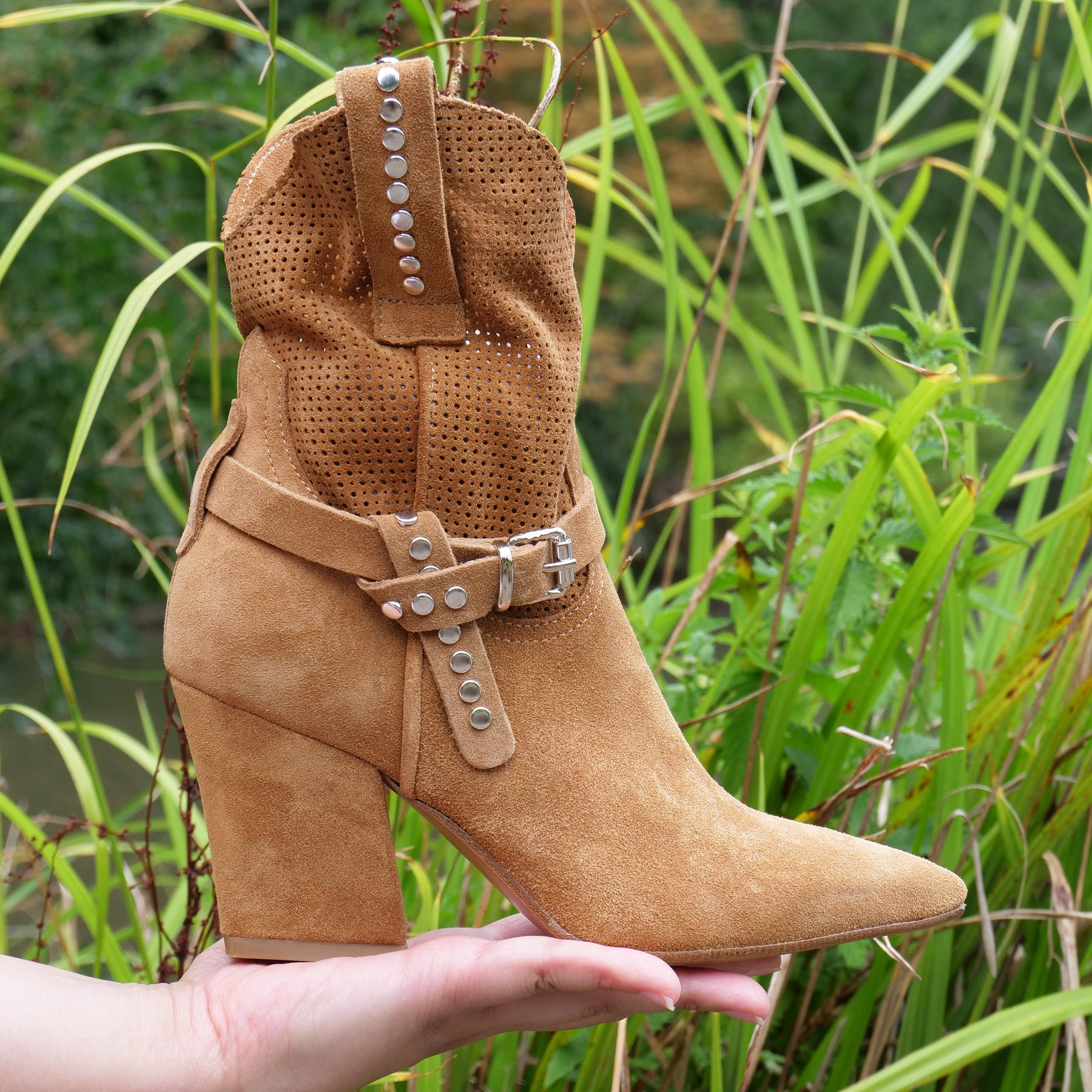 M2726M5- Perforated Tan Suede Western Elegant Ankle