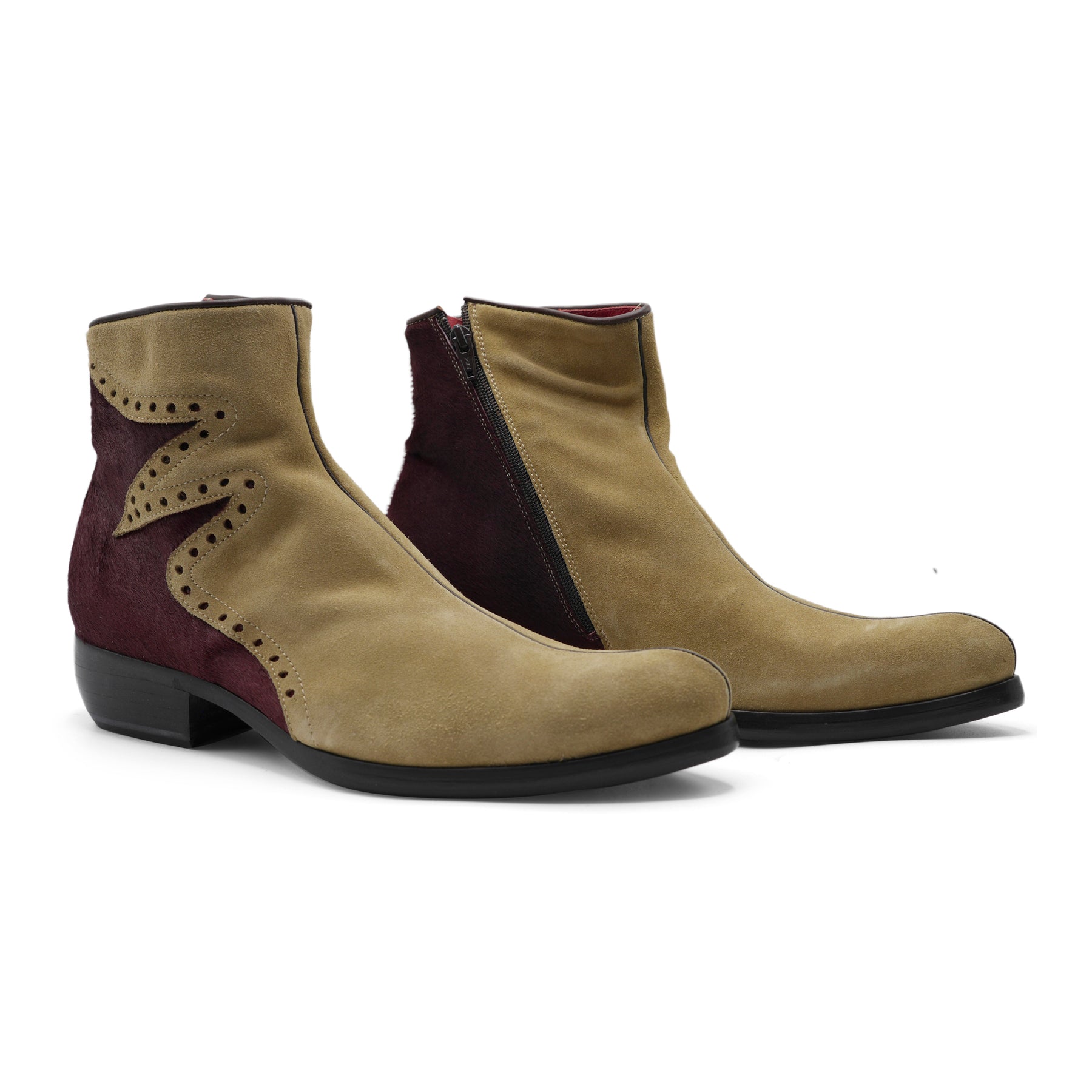 J3604 - Beige Suede / Burgundy Zig Zag Pony Hair