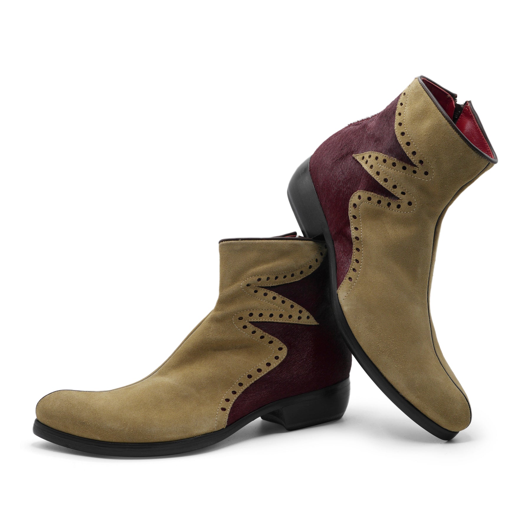 J3604 - Beige Suede / Burgundy Zig Zag Pony Hair