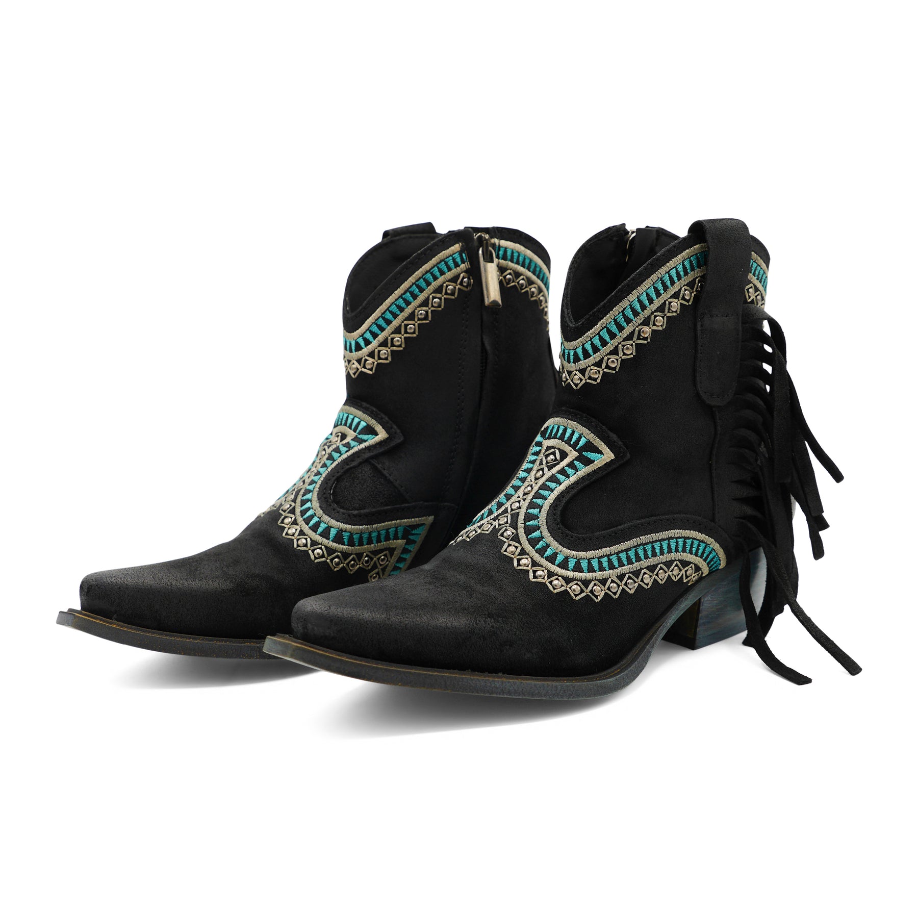 Apache05 - Black/Turquoise Ankle Western Side Tassel