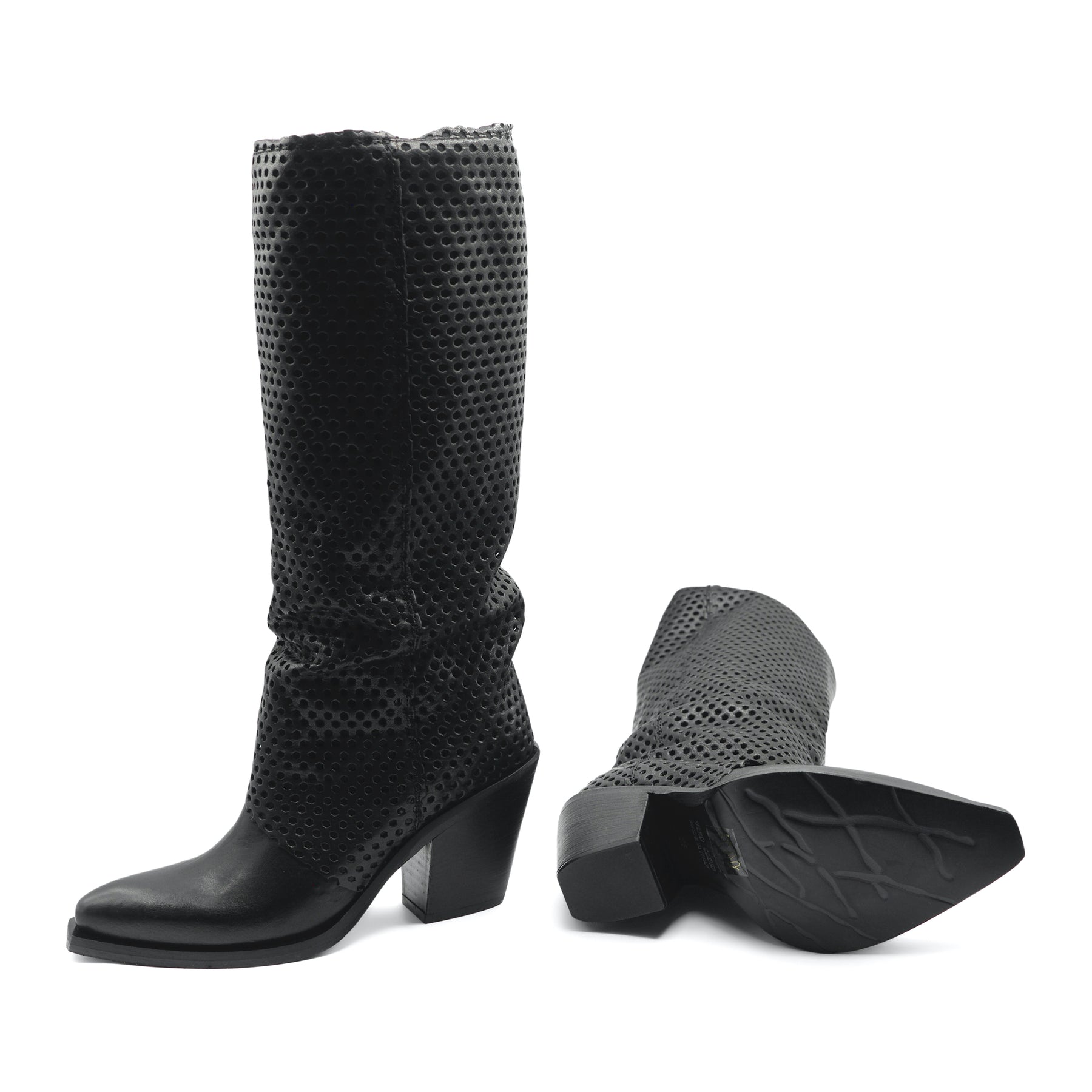 XD2009 - Black Knee High Perforated Leather Boot