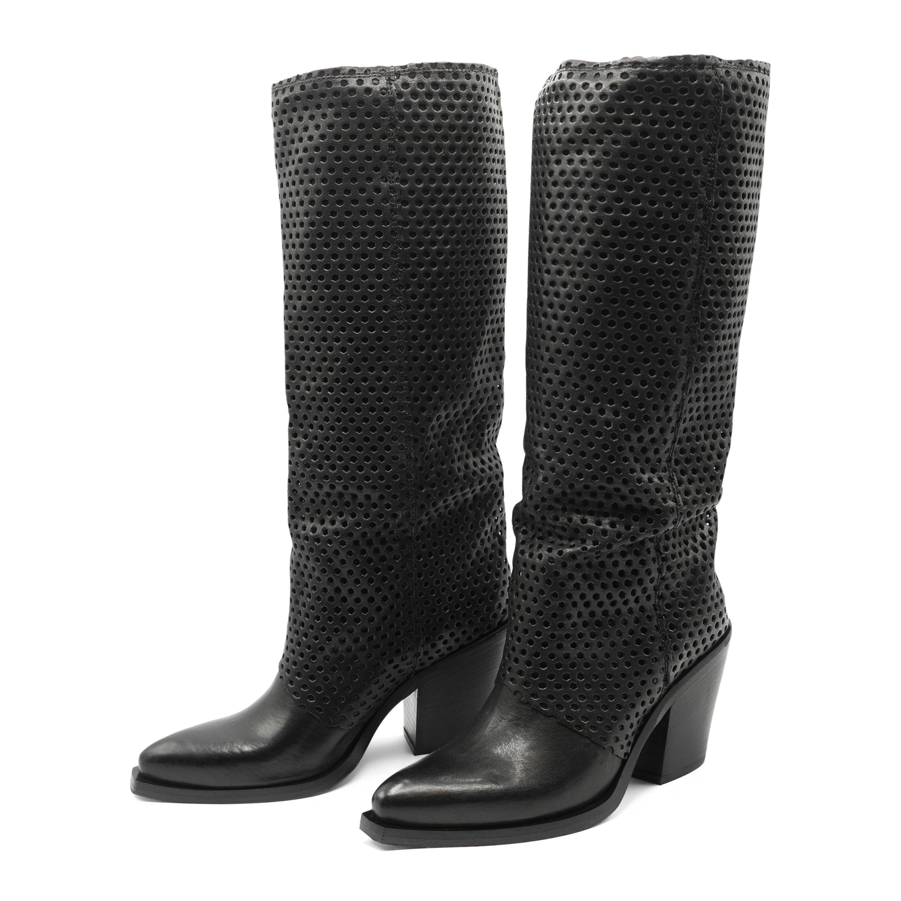 XD2009 - Black Knee High Perforated Leather Boot