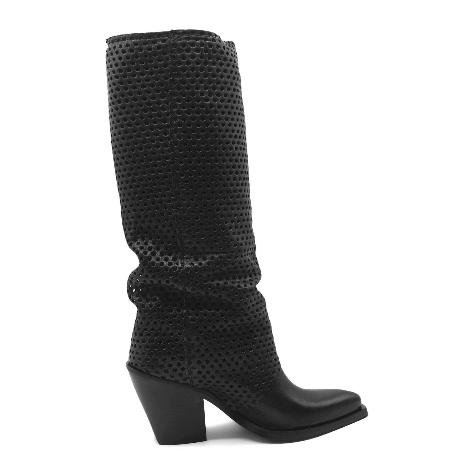 XD2009 - Black Knee High Perforated Leather Boot