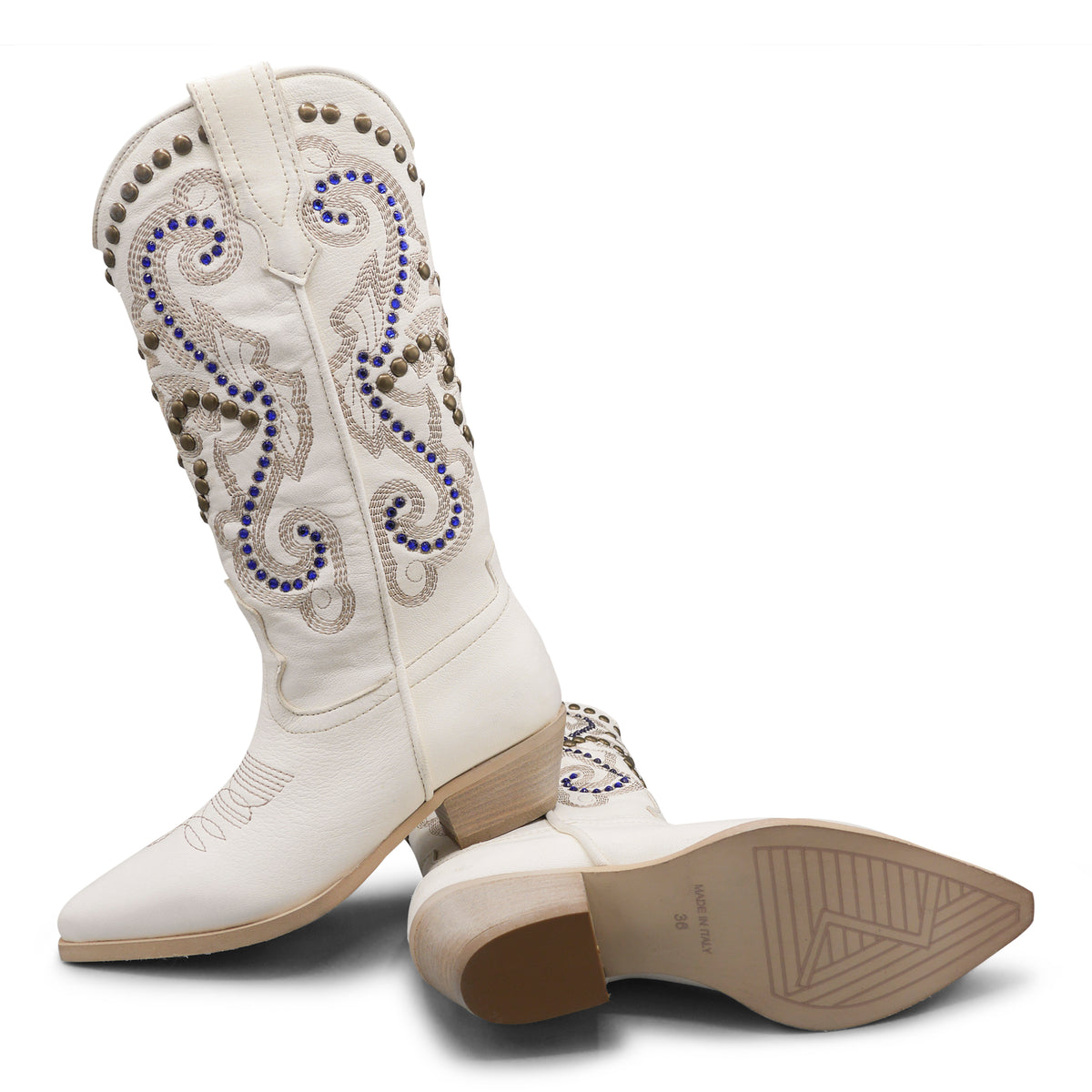 Fleur04 - White/Blue Embellished Cowboy