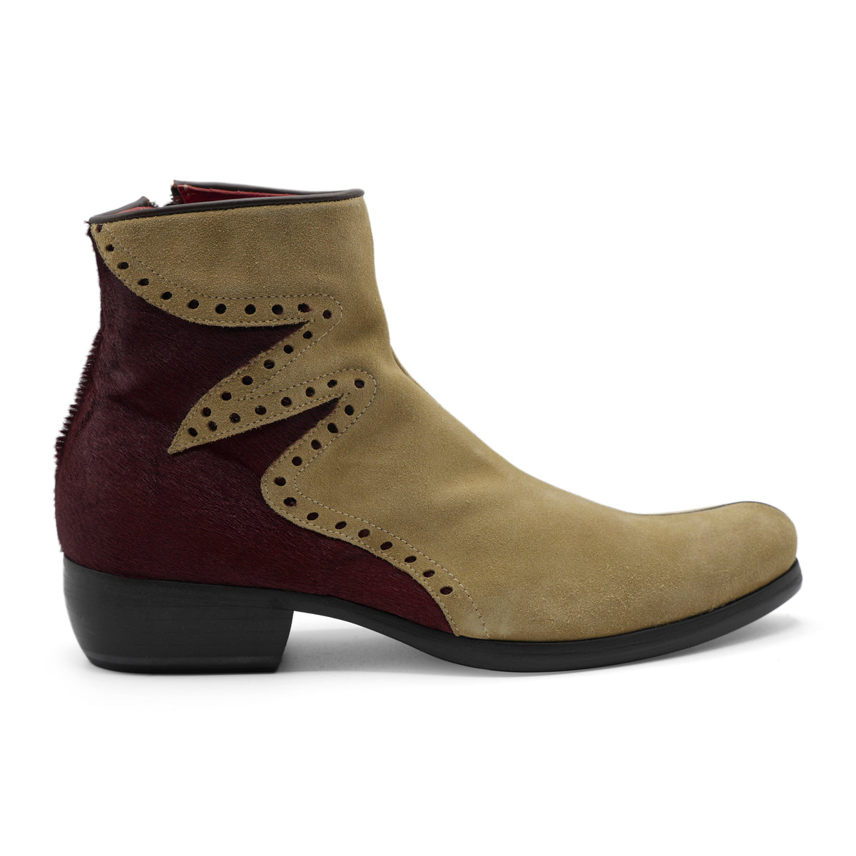 J3604 - Beige Suede / Burgundy Zig Zag Pony Hair