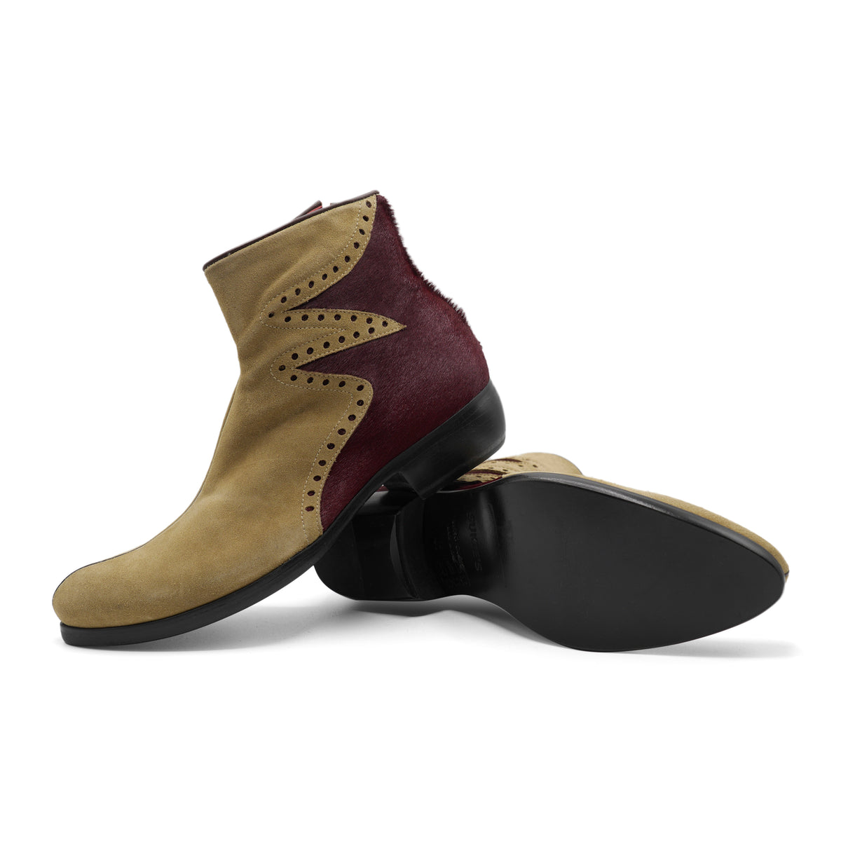 J3604 - Beige Suede / Burgundy Zig Zag Pony Hair