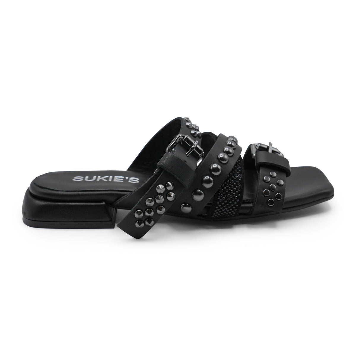 M397M20  - Vitello Black Rockstud Square Toe Sandal