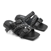 M397M20  - Vitello Black Rockstud Square Toe Sandal
