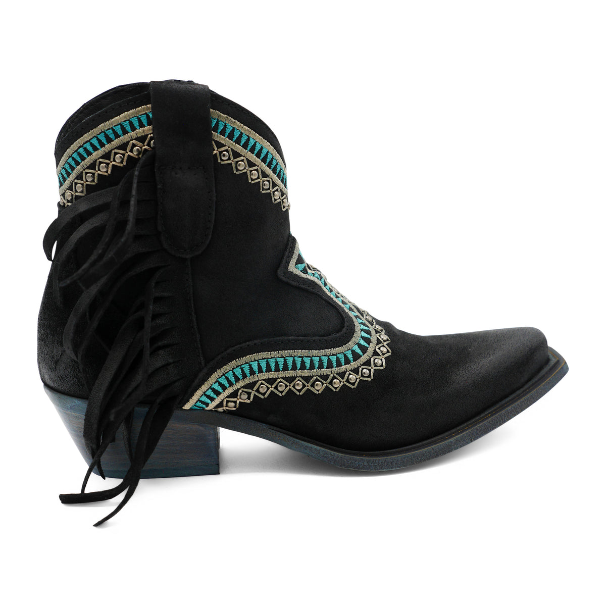 Apache05 - Black/Turquoise Ankle Western Side Tassel