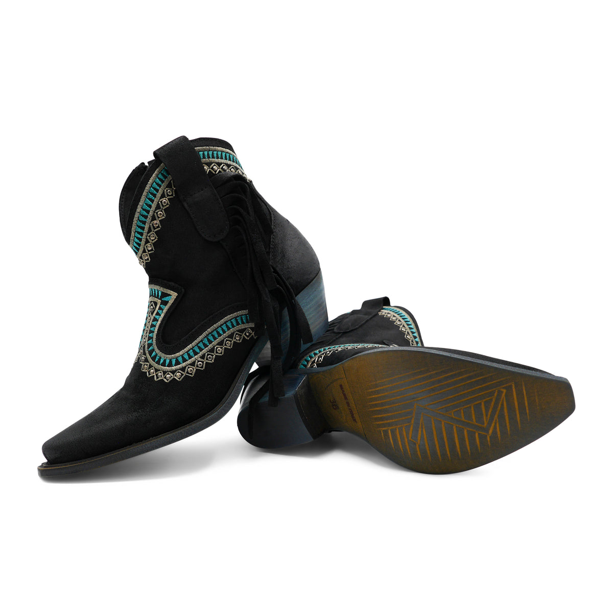 Apache05 - Black/Turquoise Ankle Western Side Tassel