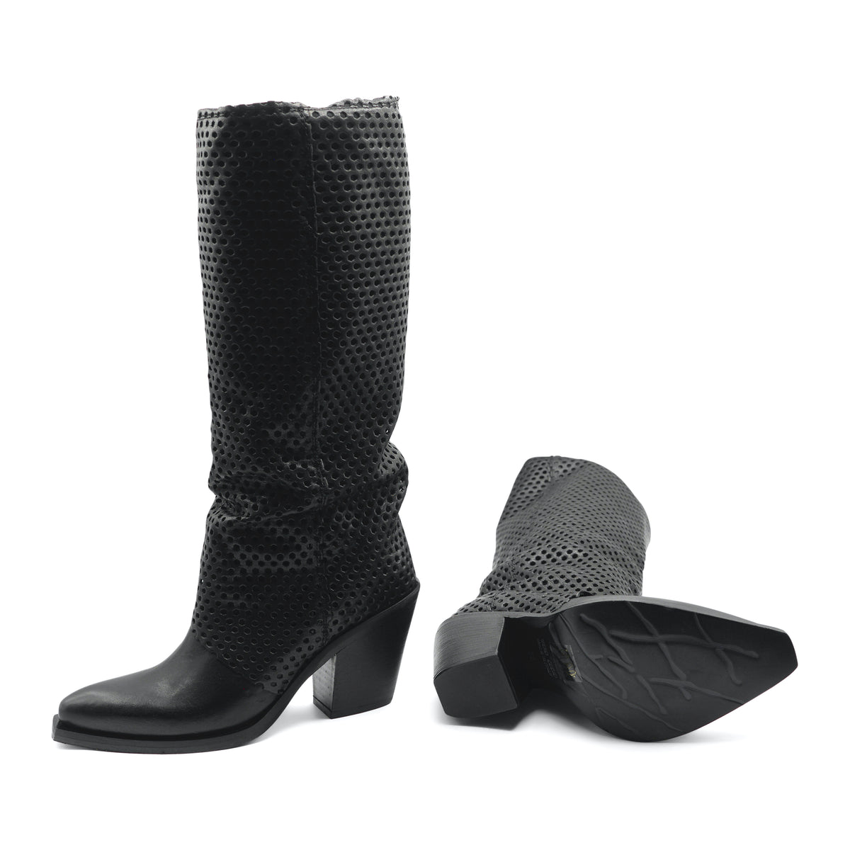 XD2009 - Black Knee High Perforated Leather Boot
