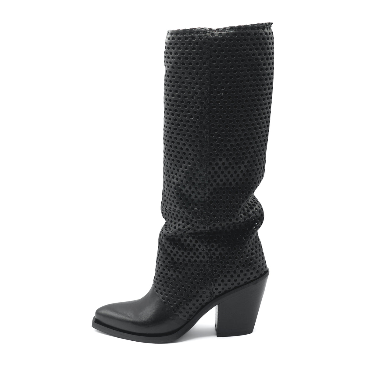 XD2009 - Black Knee High Perforated Leather Boot