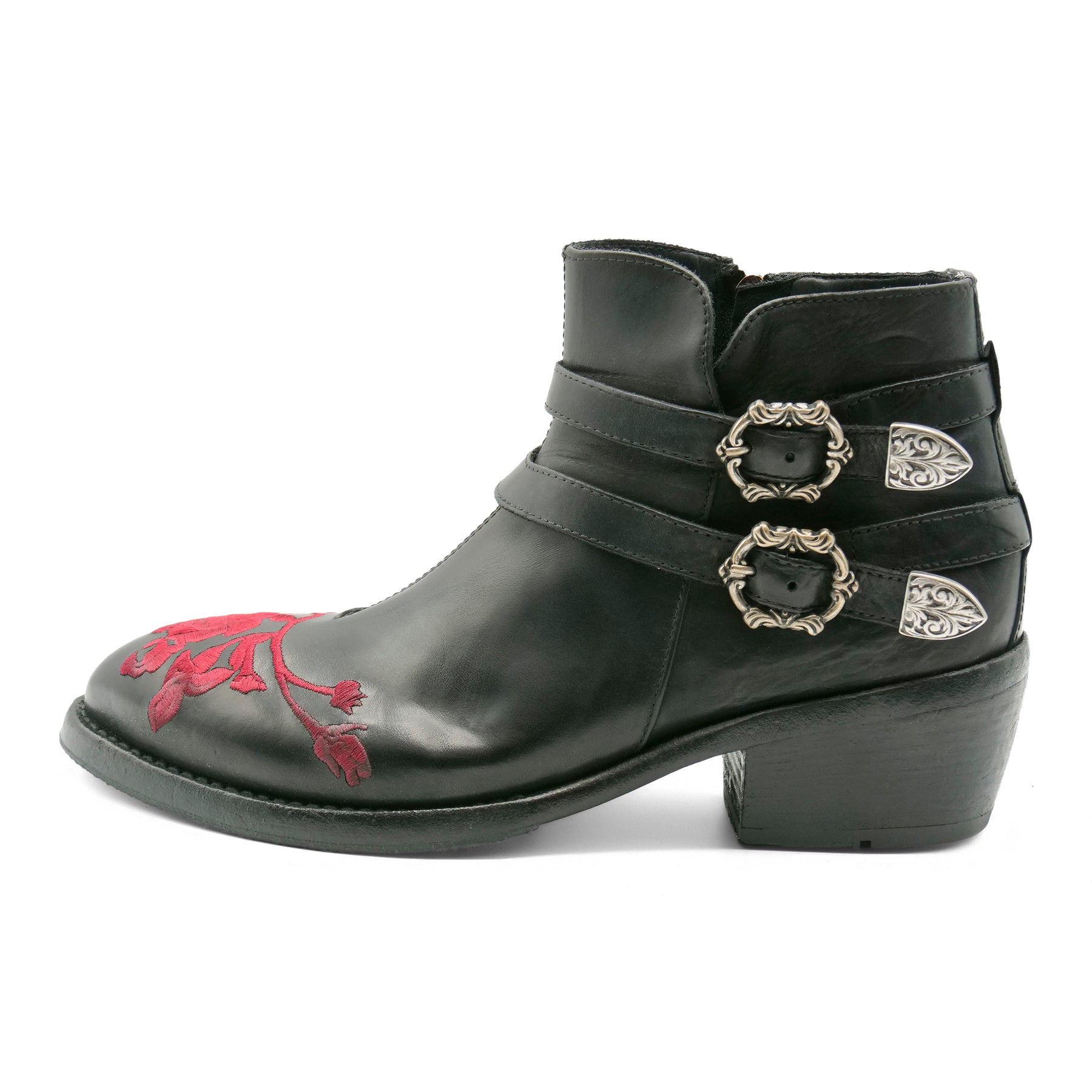 FLOR3A - Double Strap Red Flower Ankle Boot