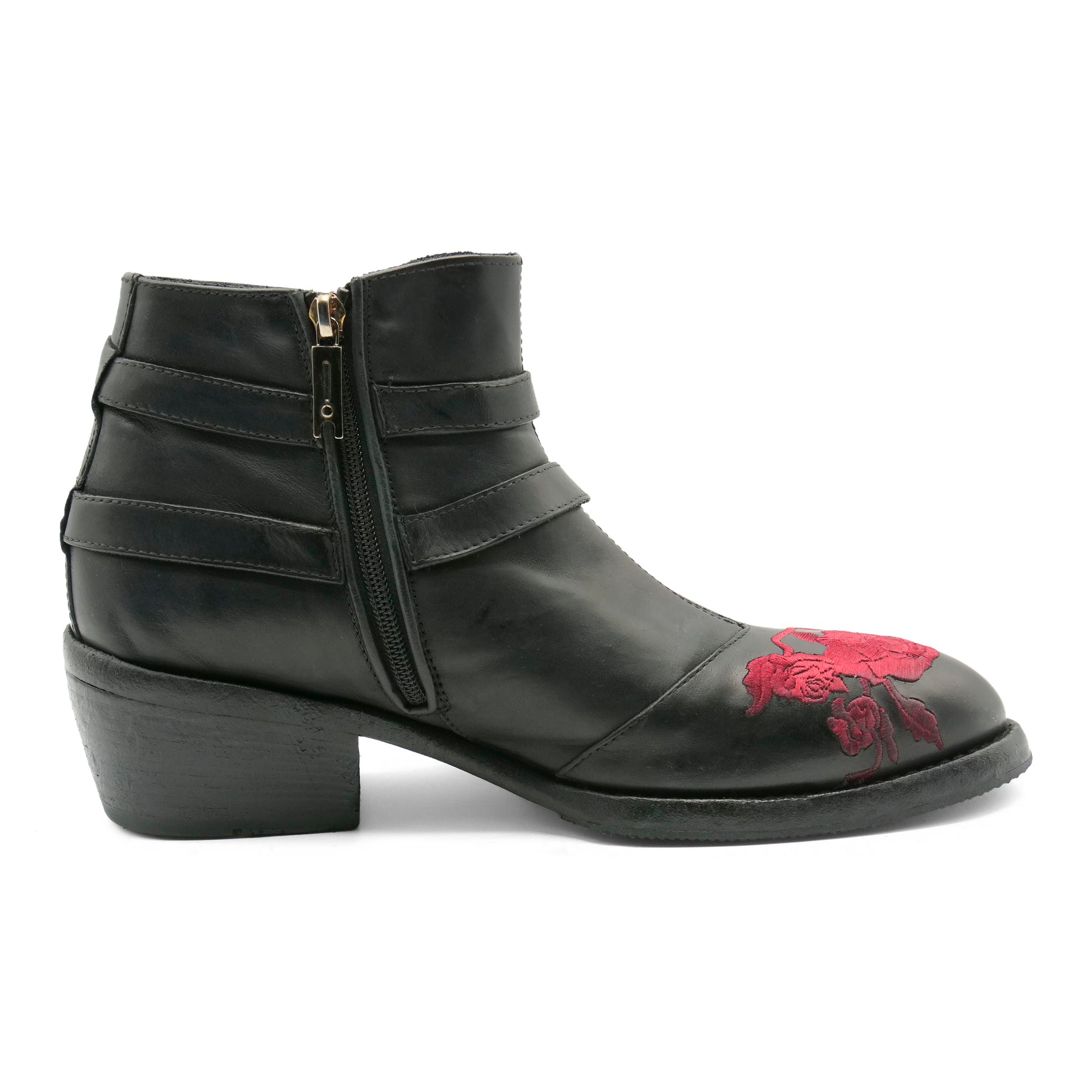 FLOR3A - Double Strap Red Flower Ankle Boot