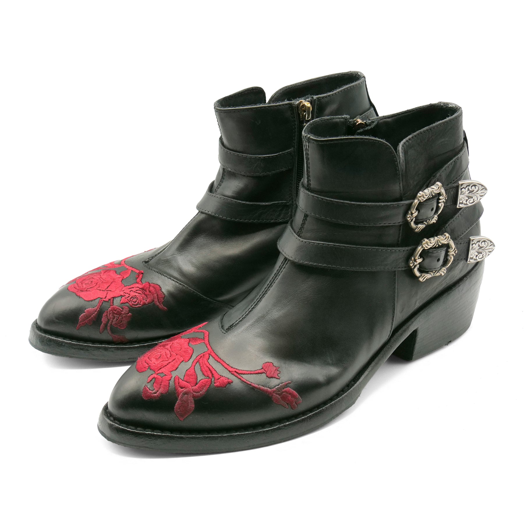 FLOR3A - Double Strap Red Flower Ankle Boot