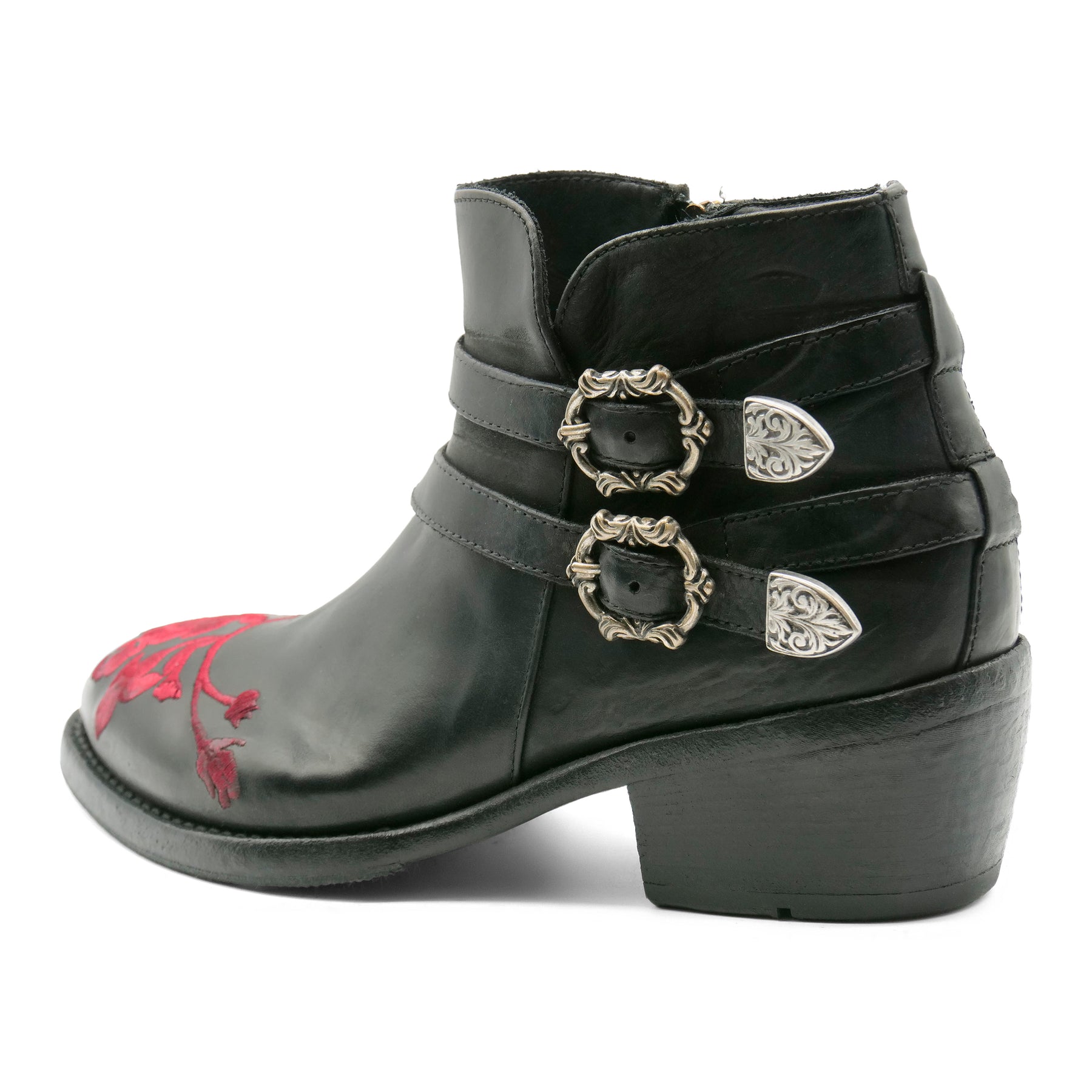 FLOR3A - Double Strap Red Flower Ankle Boot