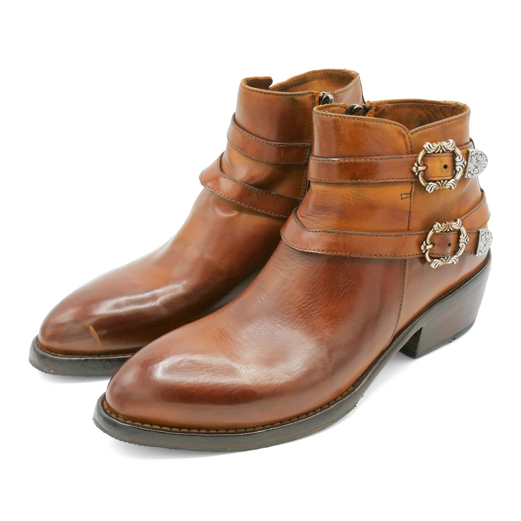 FLOR3A - Double Strap Cognac Ankle Boot