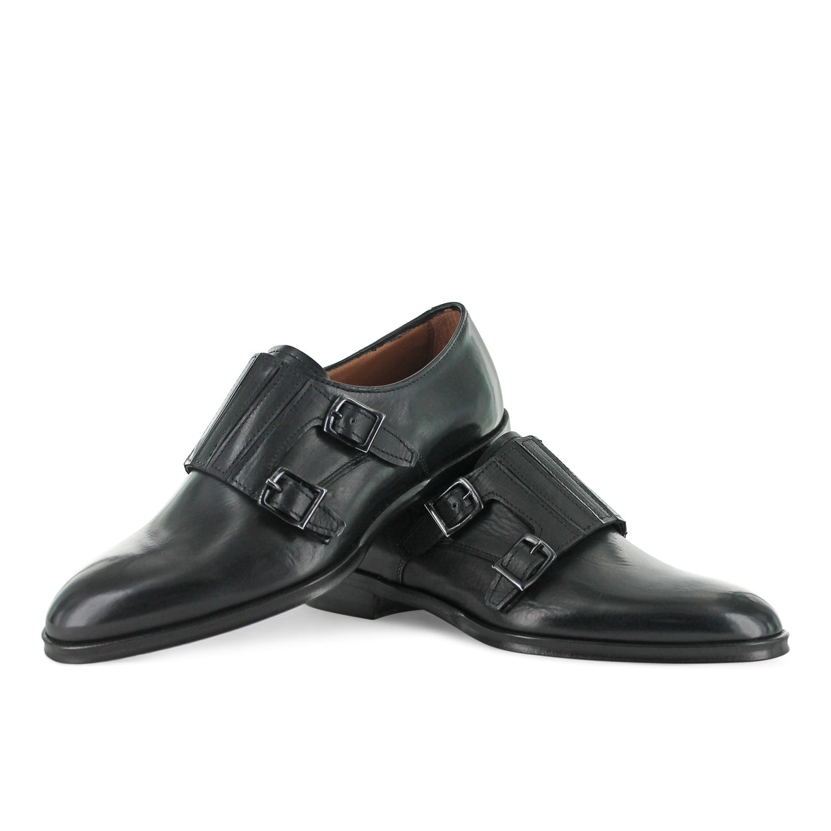 D257 - Black Leather Double Monk