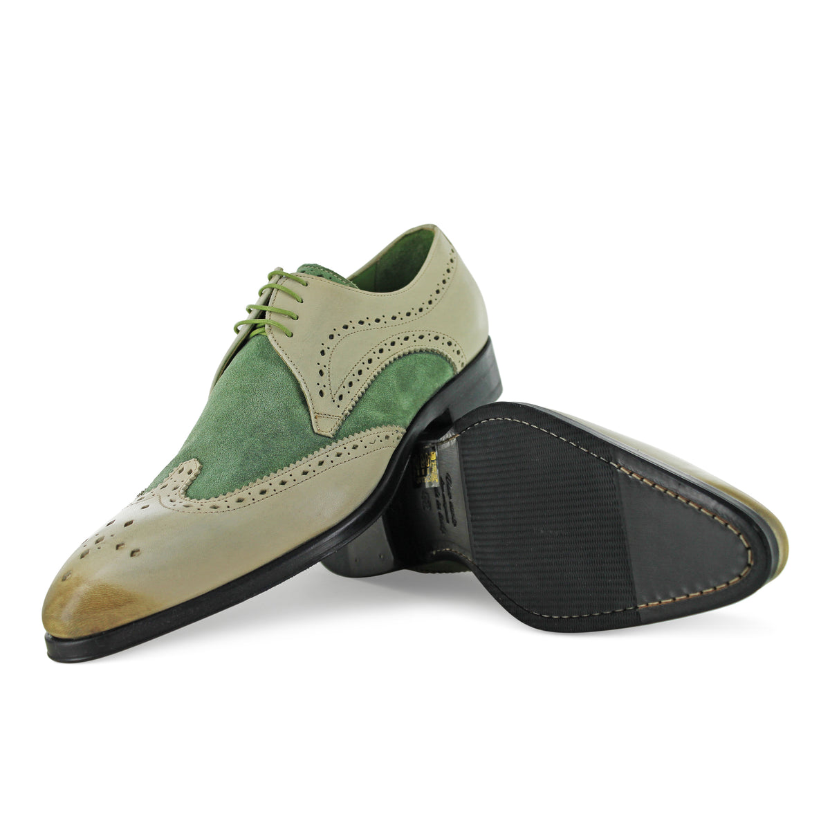 1312 - Beige With Green Suede Brogue